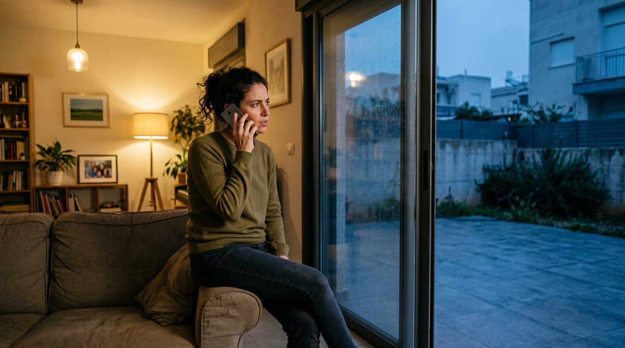 אישה בסלון מחזיקה טלפון ליד האוזן ומביטה בחצר ריקה דרך דלת הזזה.