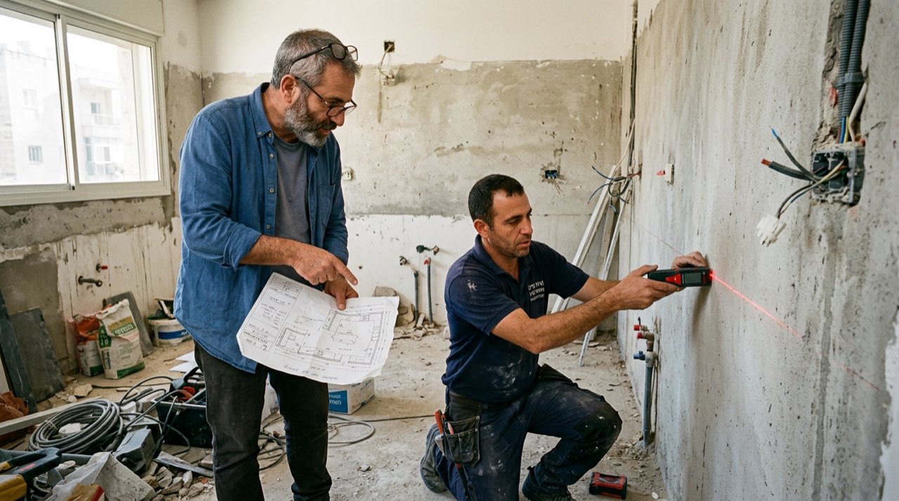 מתקין מודד קיר במד לייזר בזמן שבעל הבית מראה לו שרטוט.